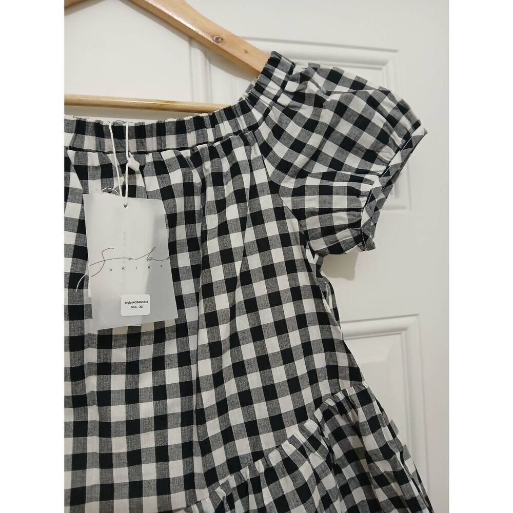 Sabo womens small Shirt gingham plaid Top off shoulder black white Asymetric - Picture 2 of 6